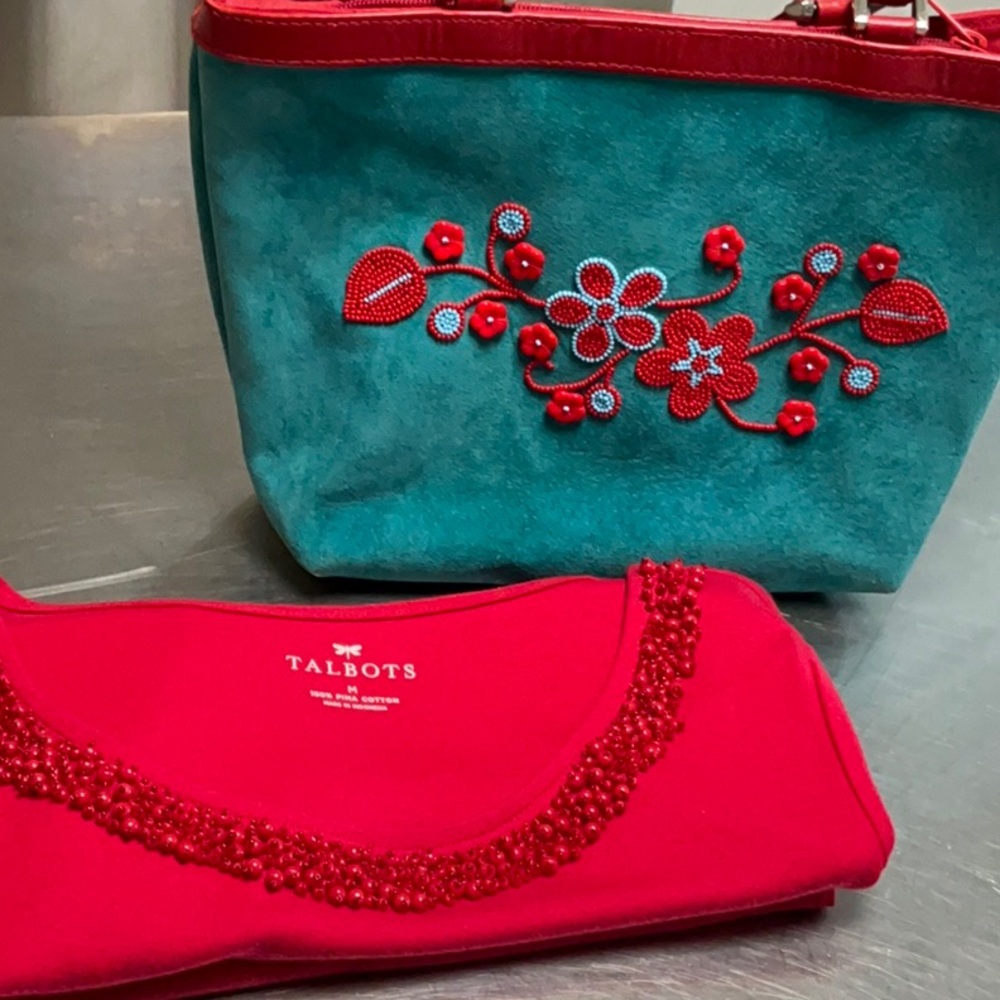 Talbots True Red 100% pima cotton BEADED neckline top.